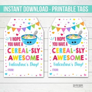 Cereal Valentine Tag, Cereal-sly Awesome Valentine&#39;s Day Cereal Tag, Cereal Classroom Gift tag Kids Valentines Printable, INSTANT DOWNLOAD