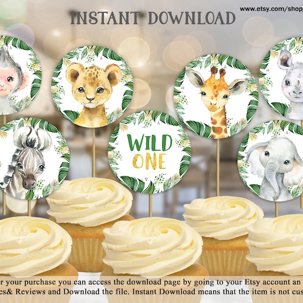 Jungle Wild One Cupcake Toppers Jungle Birthday Party Jungle Boy Round Tags Safari Animals Zoo Circles Decor Printable DIY INSTANT DOWNLOAD