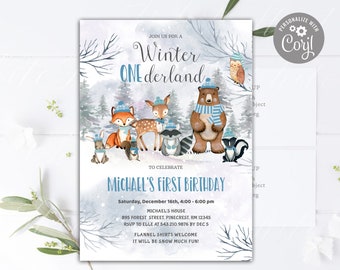 Bearbeitbares Woodland Winter Onederland Geburtstags-Einladung Woodland 1. Geburtstagsparty Winter Waldtiere laden Rehe DRUCKBARE DOWNLOAD ein