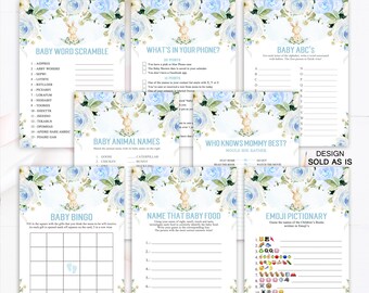 May include: A set of printable baby shower games featuring a blue and white floral design with a bunny rabbit. The games include Baby Word Scramble, What's in Your Phone?, Baby ABC's, Baby Animal Names, Who Knows Mommy Best?, Baby Bingo, Name That Baby Food, and Emojiictionary.