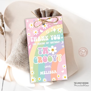 Two Groovy Birthday Gift Tag: Editable Daisy Rainbow Favor (Printable Download)