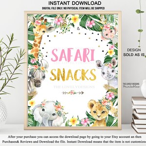 May include: A printable sign with a white background and gold and pink text that says "Safari Snacks". The sign is decorated with watercolour illustrations of jungle animals, including a giraffe, zebra, rhino, elephant, and lion. The animals are wearing floral crowns.