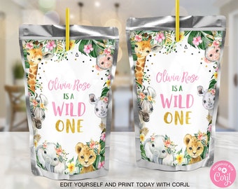 Könnte beinhalten: Zwei bedruckbare Saftbox-Etiketten mit Dschungel-Motiv in rosa und gold. Die Etiketten zeigen den Text "Olivia Rose ist ein Wildes".