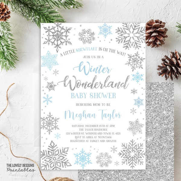 EDITABLE Winter Wonderland Baby Shower Invitation Blue & Silver Winter Invitation a Little Snowflake is on the Way PRINTABLE DOWNLOAD SWB4