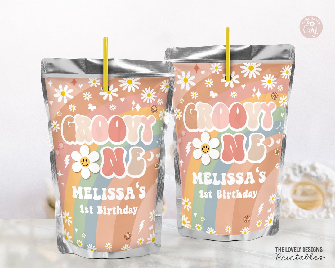 EDITABLE Groovy One Juice Pouch Label Groovy 1st Birthday Juice Label Daisy Rainbow Hippie Retro