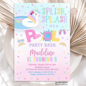 Pool Party Einladung EDITIERBARE Einhorn Pool Party Einladung Einhorn Float Geburtstagseinladung Splish Splash Digitaler INSTANT DOWNLOAD