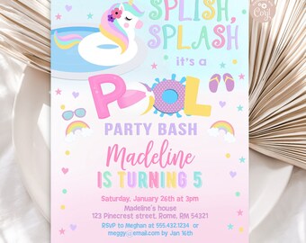 May include: A colorful invitation for a pool party with a unicorn floating on a pool float. The invitation says "Splish, Splash it's a Pool Party Bash Madeline is turning 5" with details about the party date, time, location, and RSVP information.