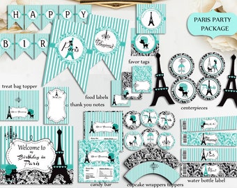 Paquete de fiesta de la Torre Eiffel de París, fiesta de cumpleaños de la Torre Eiffel, París verde azulado, turquesa y negro, pancarta, letrero, imprimible, hazlo tú mismo, descarga instantánea.