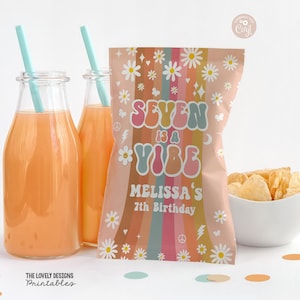 May include: A party-themed image featuring a chip bag with the text "SEVEN IS A VIBE" and "MELISSA'S 7th BIRTHDAY". The bag has a retro design with daisies, rainbows, and peace signs. Two glass bottles with orange juice and straws are on the left, and a bowl of chips is on the right.