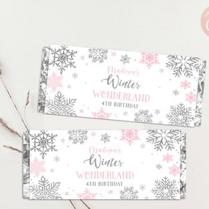 EDITABLE Winter Wonderland Candy Bar Wrappers Winter Birthday Party Favors Snowflakes Pink and Silver Chocolate Bar Label PRINTABLE DOWNLOAD
