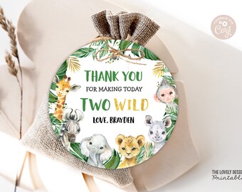 Editable Two Wild Jungle Favor Round Tag Jungle 2nd Birthday Neutral Jungle Circle Gift Tags Safari Zoo Animals Favor Tag PRINTABLE DOWNLOAD