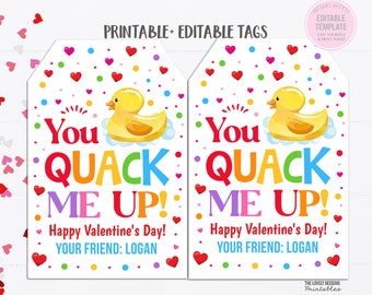 Rubber Duck Valentine's Day Gift Tag, You Quack Me Up Valentine Tag, Rubber Ducky Tag Preschool Classroom Kids Non-Candy Printable Editable