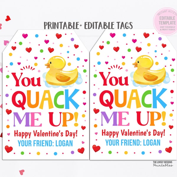 Rubber Duck Valentine's Day Gift Tag, You Quack Me Up Valentine Tag, Rubber Ducky Tag Preschool Classroom Kids Non-Candy Printable Editable