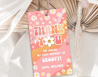 Bearbeitbare Groovy Geschenkanhänger Geburtstag Groovy Geburtstag Regenbogen Tricolor Favor Tags Gänseblümchen Retro Hippie 70er Jahre Party Zwei Groovy Eins DRUCKBARER DOWNLOAD GRT3