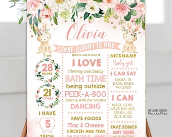 EDITABLE Bunny First Birthday Milestone Sign Bunny 1st Birthday Easter Floral Pink Some Bunny is One Poster TEMPLATE Instant Download BPF4