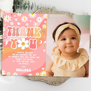 Tarjeta de agradecimiento de cumpleaños editable y genial con foto Arcoíris, margarita tricolor, fiesta retro hippie de los años 70, dos, genial, una, para imprimir, descargar, GRT3