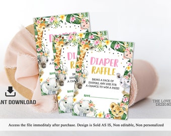 Jungle Diaper Raffle Tickets Jungle Girl Baby Shower Jungle Tags Safari Animals Zoo Baby Shower Activity Jungle Tickets DIY INSTANT DOWNLOAD