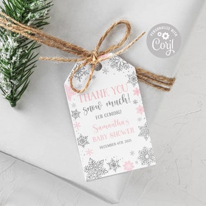 EDITABLE Winter Wonderland Baby Shower Favor Tag Winter Snowflakes Pink Silver Winter Wonderland Snow Much Gift Tags PRINTABLE DOWNLOAD SWP2