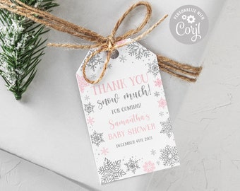 EDITABLE Winter Wonderland Baby Shower Favor Tag Winter Snowflakes Pink Silver Winter Wonderland Snow Much Gift Tags PRINTABLE DOWNLOAD SWP2