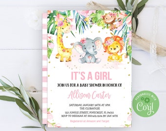 May include: A pink and white baby shower invitation with a jungle theme. The invitation features a giraffe, elephant, and lion with floral crowns. The text reads "It's a Girl" and "Join us for a baby shower in honour of Allison Carter".