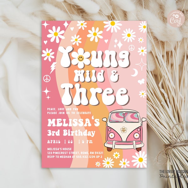 EDITABLE Groovy 3rd Birthday Invitation Young Wild and Three Rainbow Van Hot Pink Daisy Smile Retro Hippie 70s Party PRINTABLE DOWNLOAD GVH9