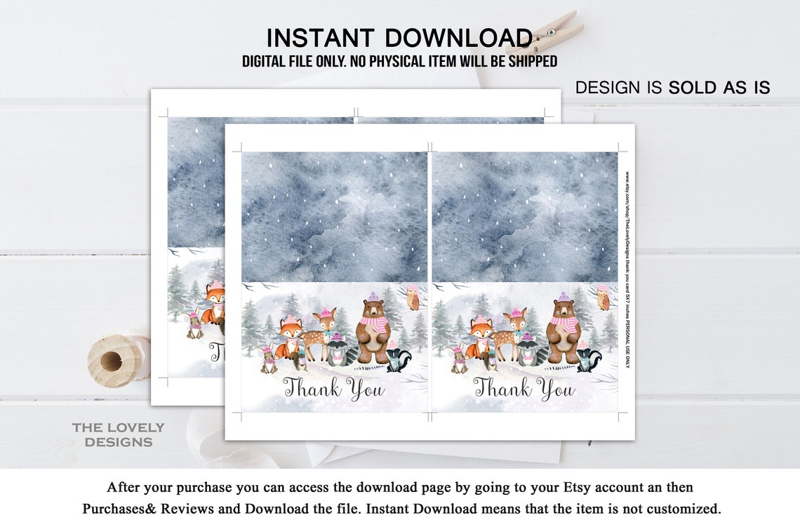 Woodland Folded Thank You Card Printable Woodland Winter Baby Shower ...