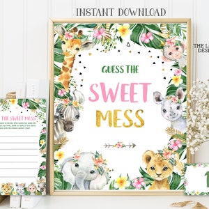 Puede incluir: Una tarjeta de juego de baby shower imprimible con temática de la jungla. La tarjeta tiene un esquema de color rosa y verde y presenta una variedad de animales de la jungla, incluyendo una cebra, un león, un elefante y un rinoceronte. El texto en la tarjeta dice "Adivina el dulce desastre".