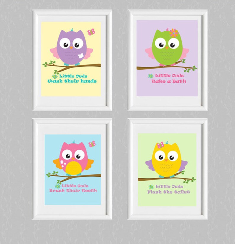 Owl Bathroom Set Of 4 Bathroom Rules Flushbrush Washowl Etsy