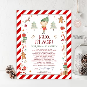 Carta de elfo "He vuelto" EDITABLE Carta de regreso de elfo Carta de llegada de elfo Elfo de Santa Claus Hola, he vuelto Carta de niño elfo rojo navideño DESCARGAR IMPRIMIBLE