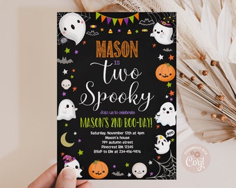 EDITIERBARE Zwei gruselige Halloween-Geist 2. Geburtstagseinladung Cute Ghost Spooktacular Party Laden Kostümparty DRUCKBARER DOWNLOAD HB023 ein