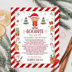 May include: A red and white striped background with a Christmas elf saying goodbye. The elf is holding a gift and is surrounded by Christmas decorations. The text reads "Goodbye from your Elf Dear Emma and Matthew Tonight Santa and the Reindeer will fly, so it's time for me to say goodbye. Since I get to ride home with Santa tonight, I won't need my magic for the flight. So tonight it's okay to hug me and kiss me goodbye. Spending this month with you has been so much fun! I hope I didn't leave too many messes behind! Continue being a good helper for your mommy and daddy. Make sure to spread love and kindness throughout the year! Although it's time to say goodbye, next Christmas will arrive in the blink of an eye! See You Next Year! Twinkle the Elf December, 2023"