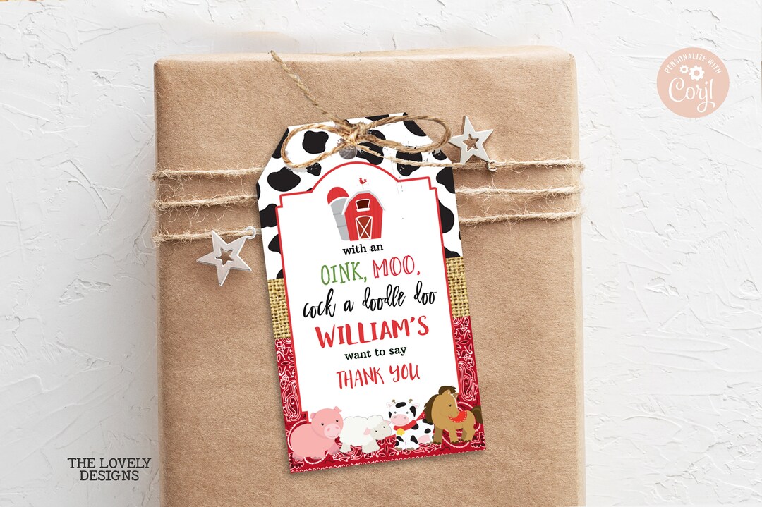 Editable Farm Gift Tag Farm Birthday Party Farm Bandana Red Animals ...