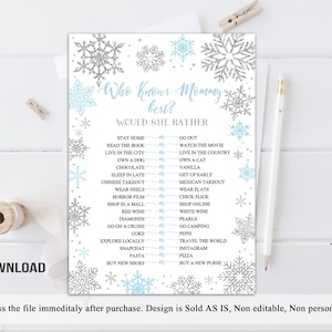 Winter Who Knows Mama Beste spel Winter Baby Douche Spelletjes Sneeuwvlokken Blauwe en Zilveren Spelletjes Afdrukbare Winter Wonderland INSTANT DOWNLOAD