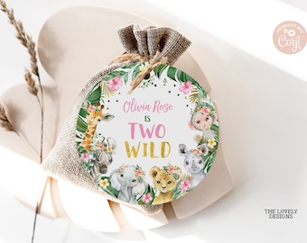 Editable Two Wild Tag 2.5" Jungle Girl 2nd Birthday Round Tag Jungle Circle Gift Tags Safari Animals Zoo Favor Tags PRINTABLE DOWNLOAD