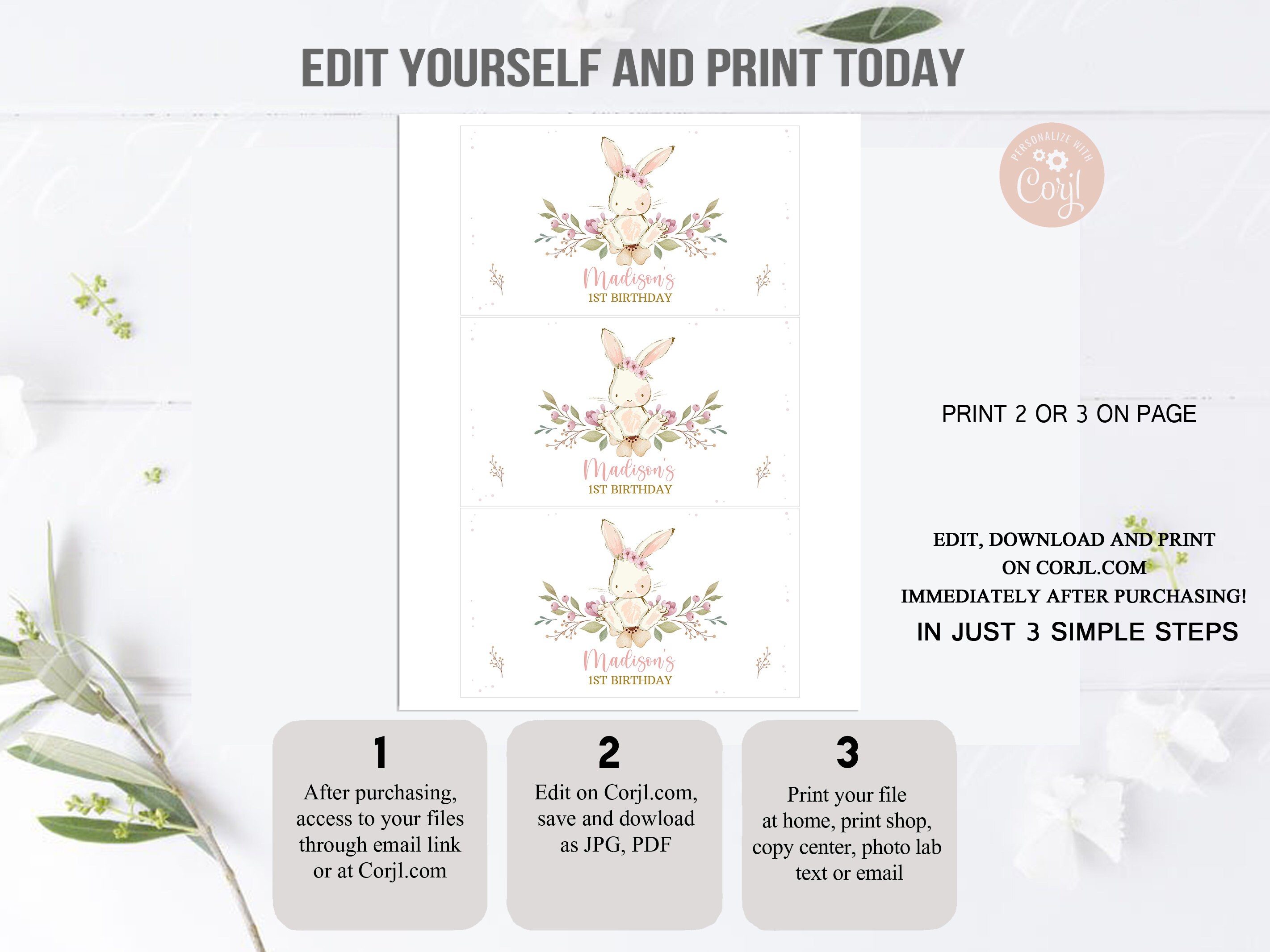 EDITABLE Gable Box Label Bunny Birthday Easter Bunny Pink Floral Spring ...