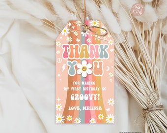 Bearbeitbare Groovy Favor Tag Groovy Geburtstag Regenbogen Orange Geschenkanhänger Gänseblümchen Retro Hippie 70er Jahre Party Vibes Zwei Groovy Eins DRUCKBARE DOWNLOAD GOR7