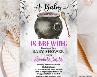 May include: A baby shower invitation with a witchy theme. The design features a cauldron with pink liquid, a broom, and the text "A Baby Is Brewing." The invitation includes details for Elizabeth Smith's baby shower.