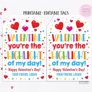 Textmarker Valentinstag Tags Sie sind das Highlight meines Tages Geschenkanhänger Vorschule Valentinstag Klassenzimmer Druckbare Nicht-Süßigkeiten bearbeitbare Tags