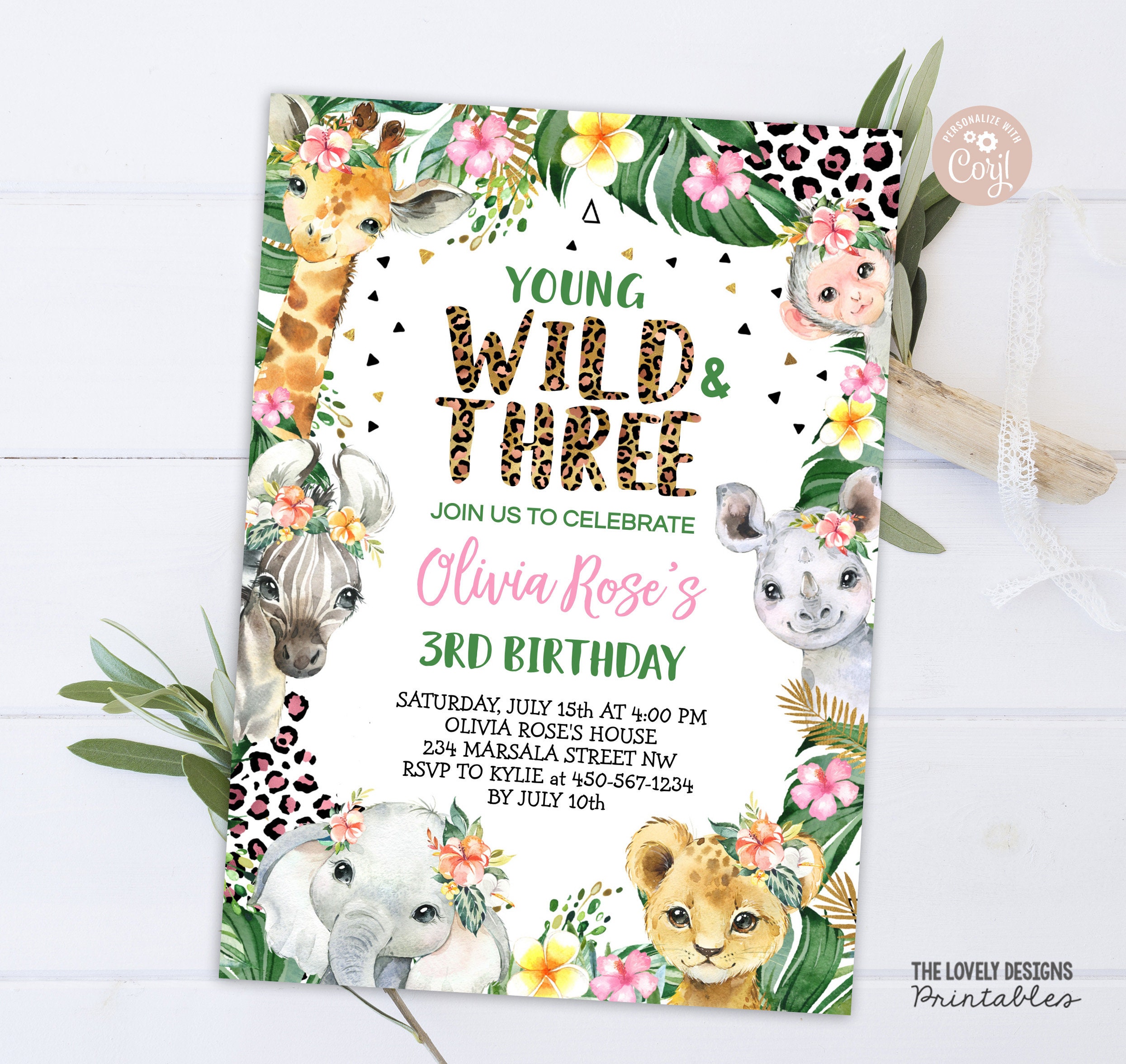 Young Wild and Three EDITABLE Invitation Jungle Leopard Print