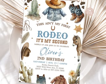 Invito per il secondo compleanno a tema cowboy, cowboy, secondo rodeo, country western, ranch, vecchio selvaggio West, invito per la mia festa del secondo compleanno a tema rodeo, modello stampabile e modificabile.