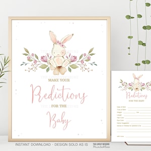 Predicciones para el signo del bebé y la tarjeta Bunny Baby Shower Pascua Rosa Floral Primavera Conejo Un conejito está en camino DESCARGA INSTANTE SBF7