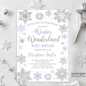 EDITABLE Winter Wonderland Baby Shower Invitation Winter Snowflakes Lavender Purple A Little Snowflake is on the Way PRINTABLE DOWNLOAD SWL6