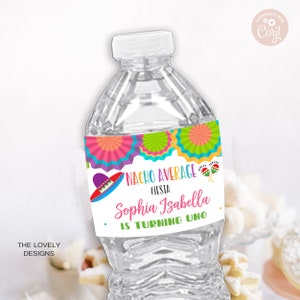 May include: Water bottle label with a colorful fiesta theme. The label says "Nacho Average Fiesta" and "Sophia Isabella is turning uno".