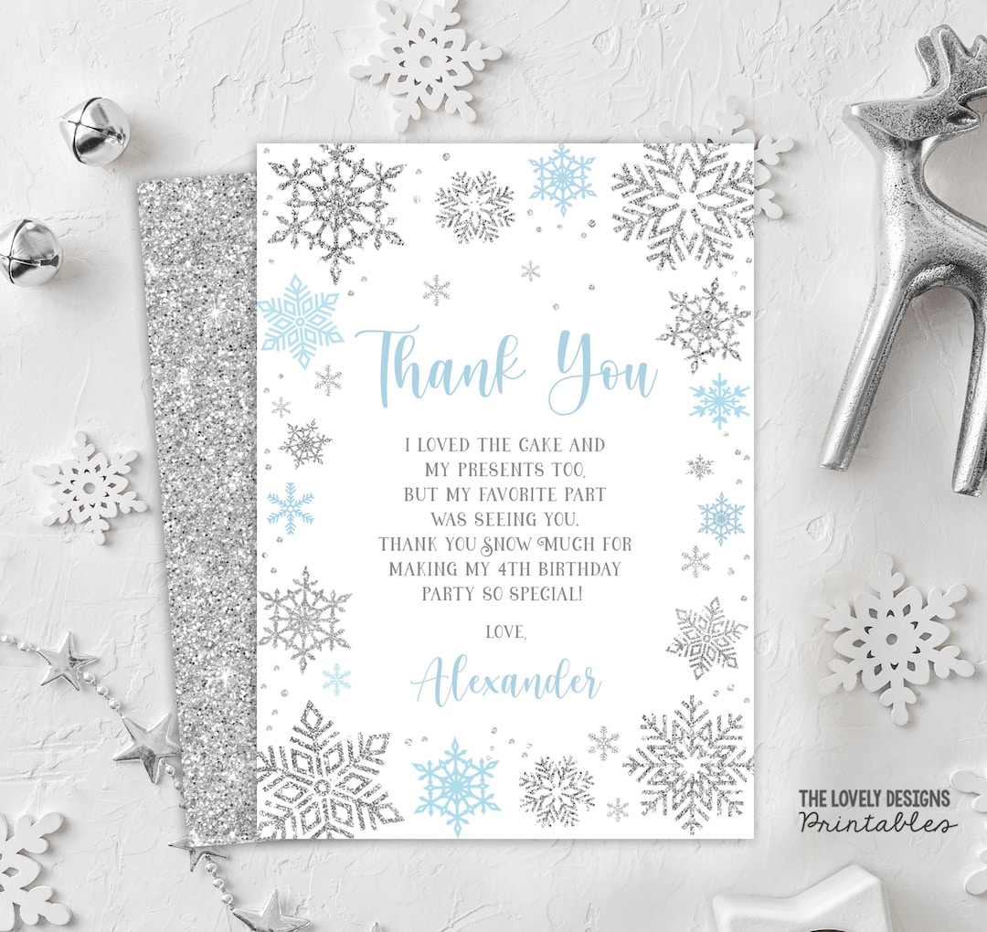 EDITABLE Winter Thank You Card Winter Birthday Party Snowflakes Blue
