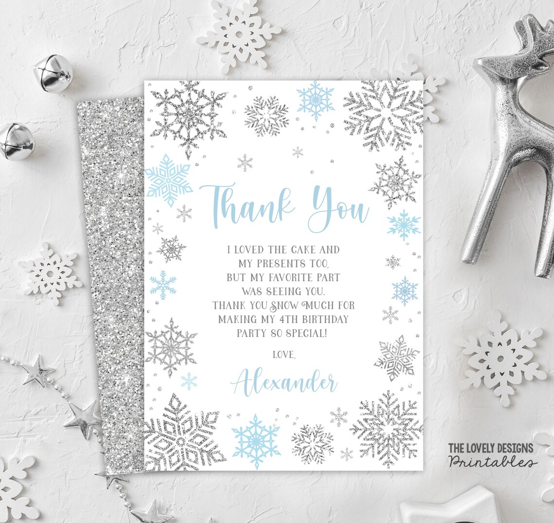 EDITABLE Winter Thank You Card Winter Birthday Party Snowflakes Blue ...