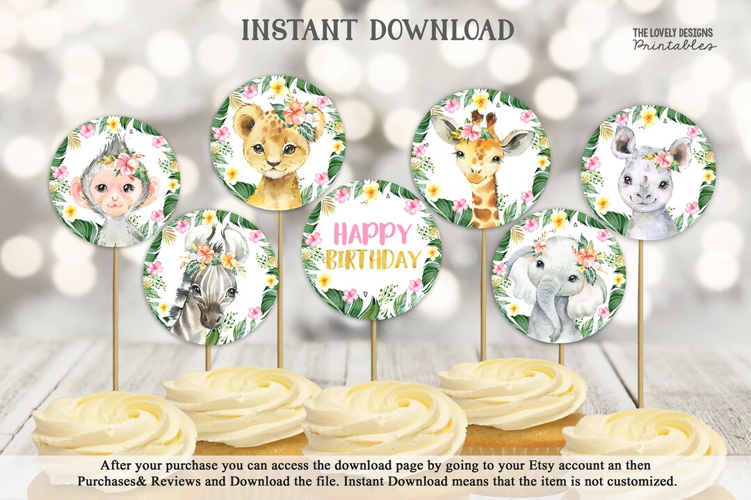 Jungle Cupcake Toppers Jungle Girl Birthday Party Round Tags Safari ...