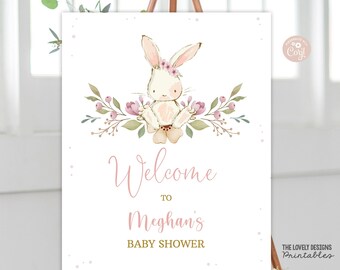 Bunny-Babyparty-Willkommensschild-Bearbeitbarer Hasen-Rosa-Blumen-Frühlings-Kaninchen-Ostern-Schild Irgendein Hase ist auf dem Weg DRUCKBARER DOWNLOAD SBF7