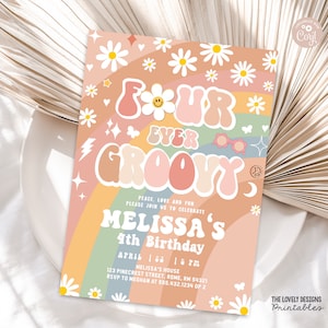 Editable Four Ever Groovy 4th Birthday Invitation: Retro Hippie Daisy (Printable Download)