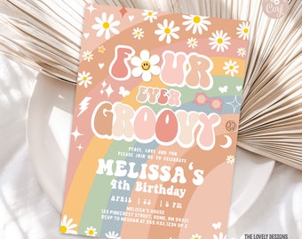 Editable Four Ever Groovy Invitation Groovy 4th Birthday Party Daisy Groovy Rainbow Hippie Retro 70's Birthday Party PRINTABLE DOWNLOAD GRM4