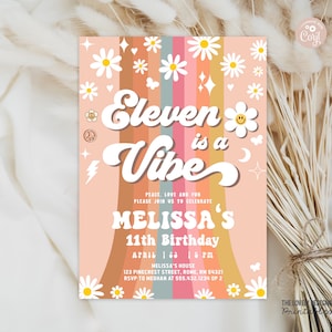Editable Retro Eleven is a Vibe Invitation Groovy 11th Birthday Daisy Rainbow Orange Blue Invite Hippie 70&#39;s Party PRINTABLE DOWNLOAD GBO9